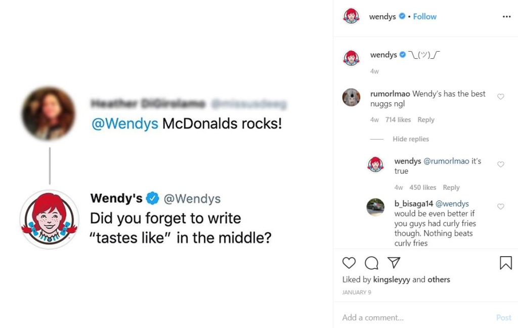 Forte présence Instagram de Wendy's