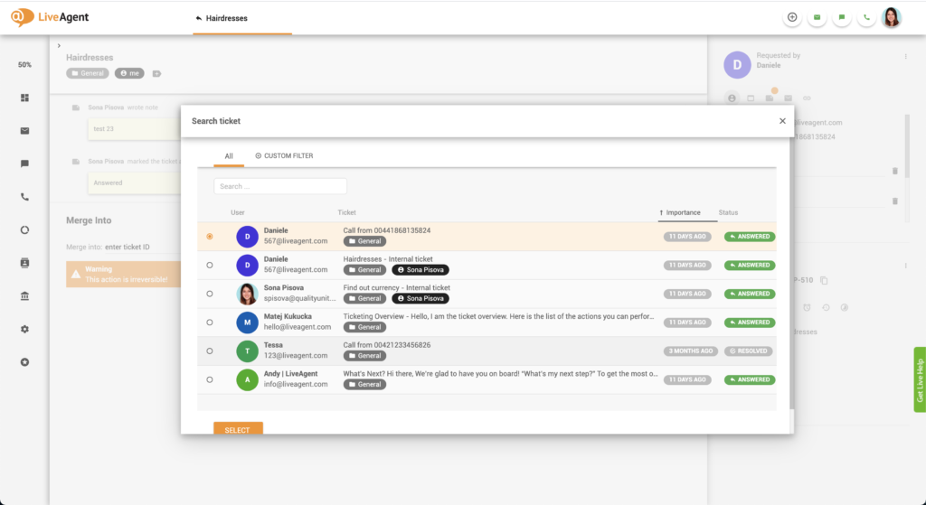 Sélectionner un ticket à fusionner