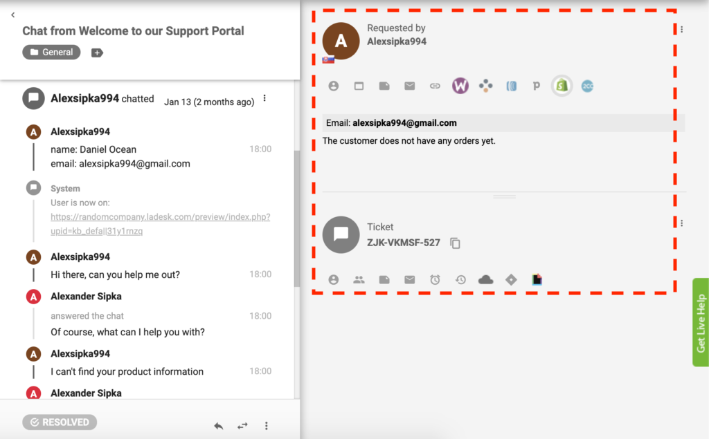Plugin Shopify actif dans LiveAgent