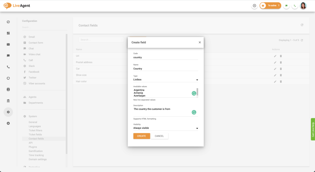 Définition du nom de code pour le champ de contact