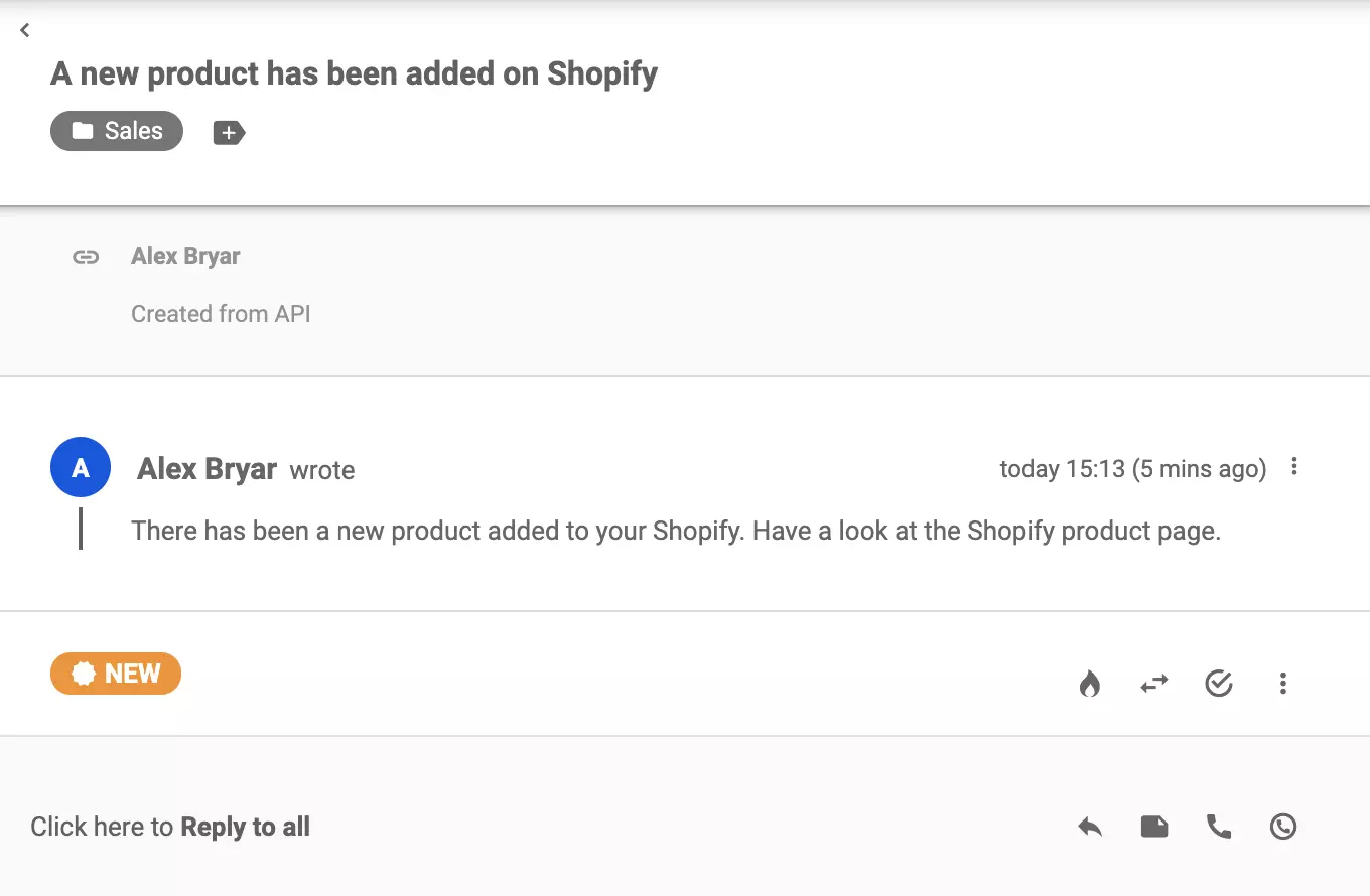Un nouveau ticket qui a été envoyé de Shopify après la création d'un produit