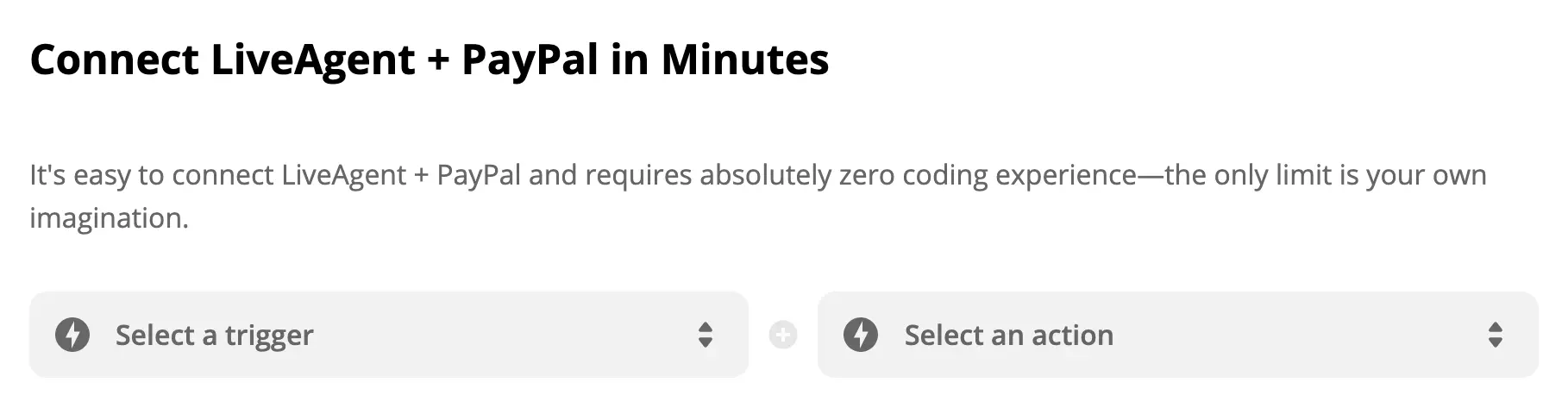 Sélection du déclencheur PayPal et de l'action LiveAgent