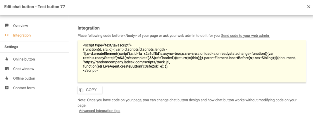 Code d'intégration Shift4shop LiveAgent