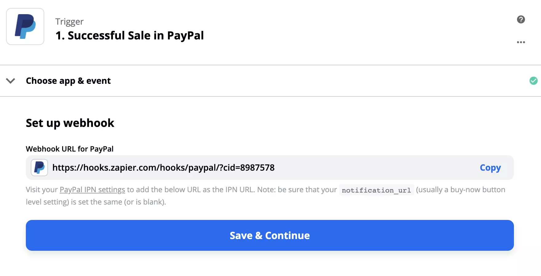 Configuration du déclencheur PayPal avec une configuration de webhook