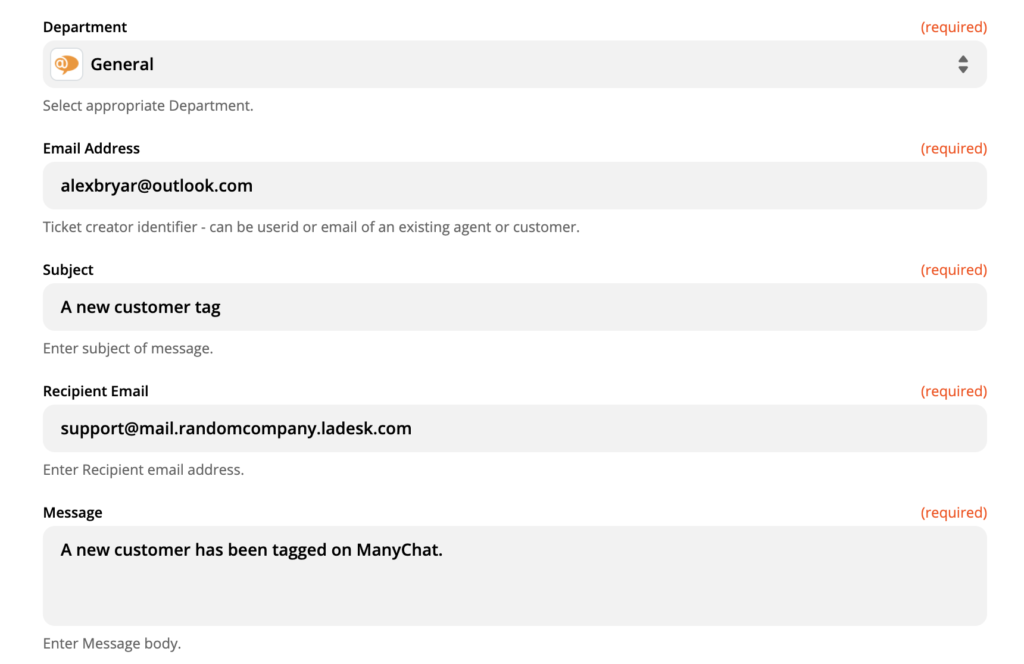 Configuration de l'action LiveAgent sur Zapier