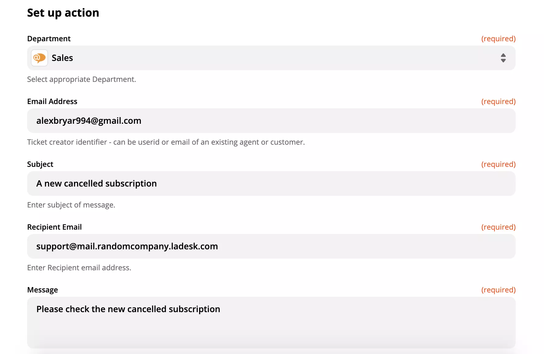 Exemple de configuration d'une action LiveAgent