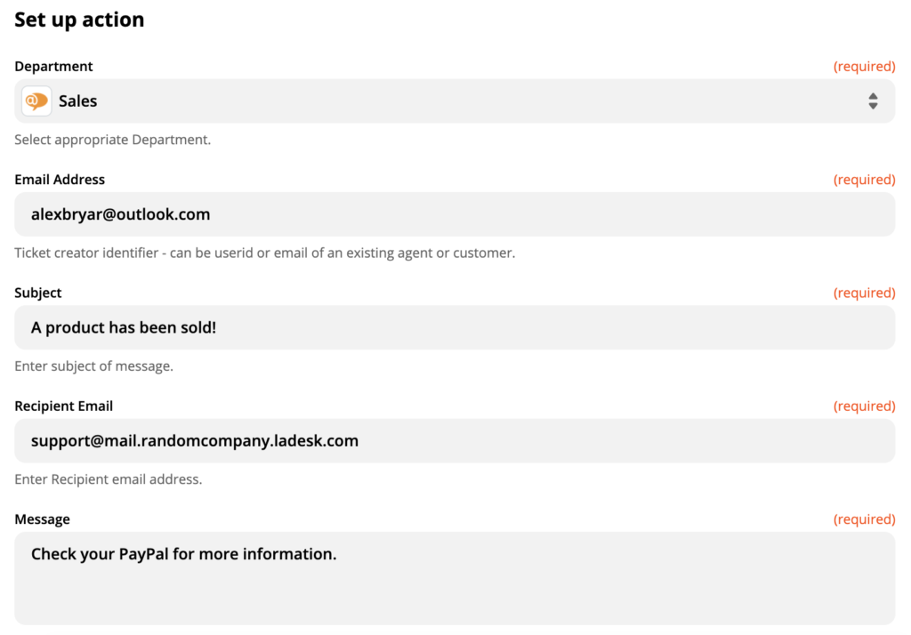 Une configuration de l'action LiveAgent Créer une nouvelle conversation