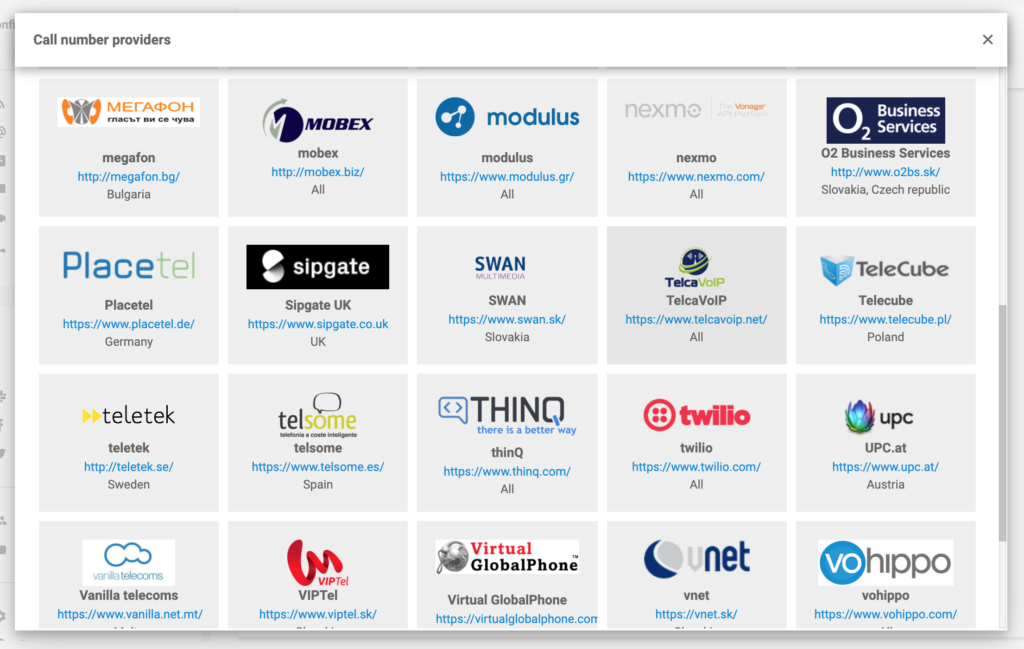 Fournisseurs de numéros d'appel avec LiveAgent