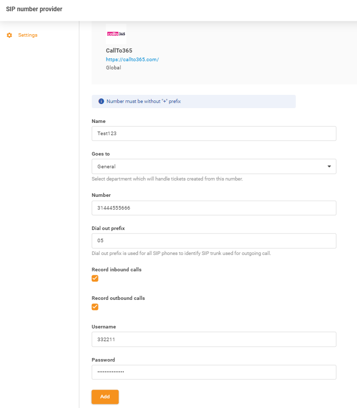 Entrée des identifiants CallTo365