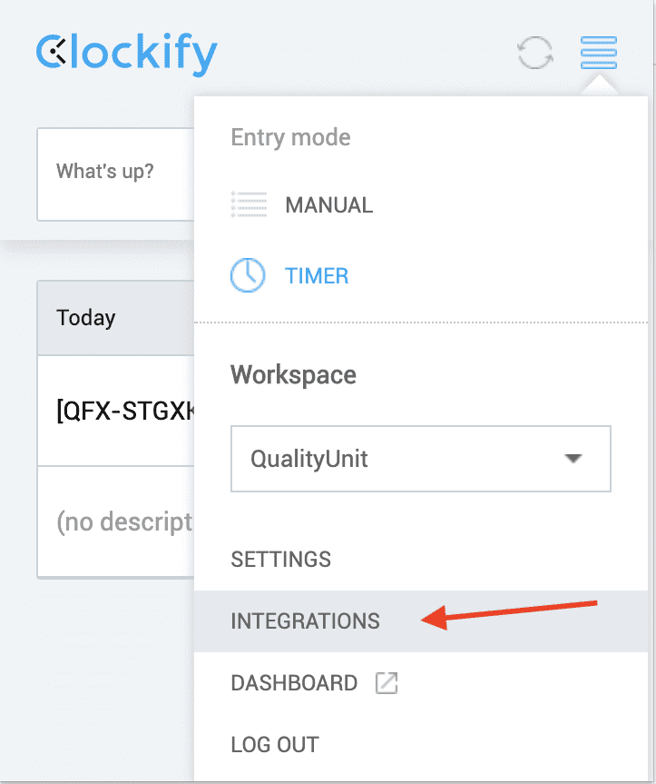 Menu des intégrations Clockify