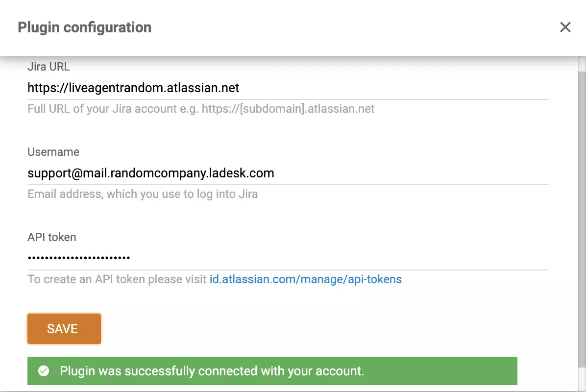 A successfully configured Jira plugin in LiveAgent