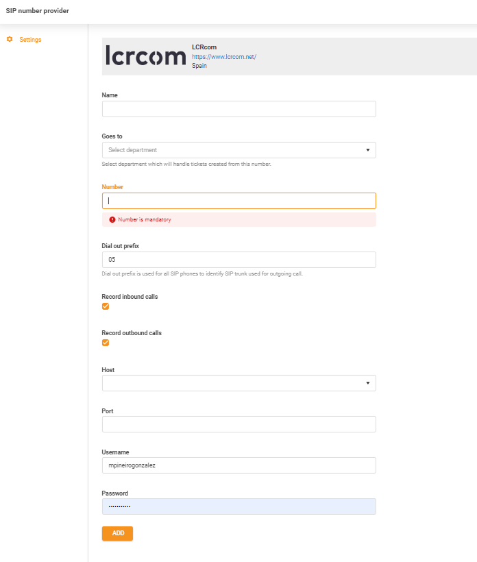 Saisie des identifiants LCRcom dans LiveAgent