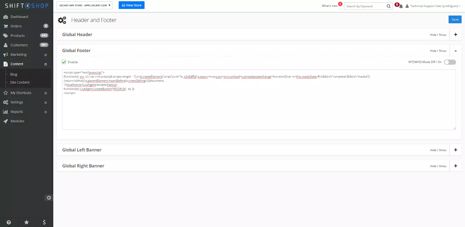 Paramètres Shift4Shop avec option de personnalisation du code
