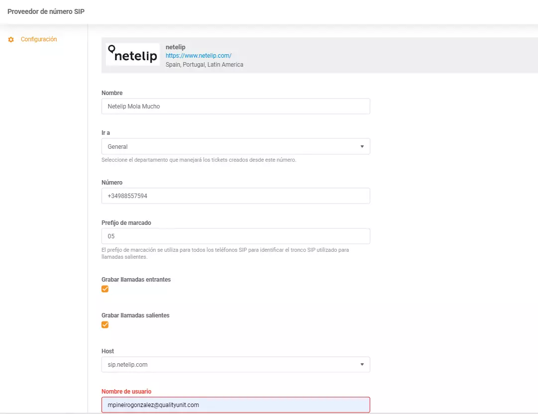 Identifiants d'intégration Netelip LiveAgent