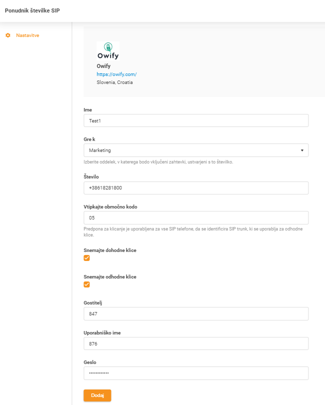 Configuration des identifiants Owify