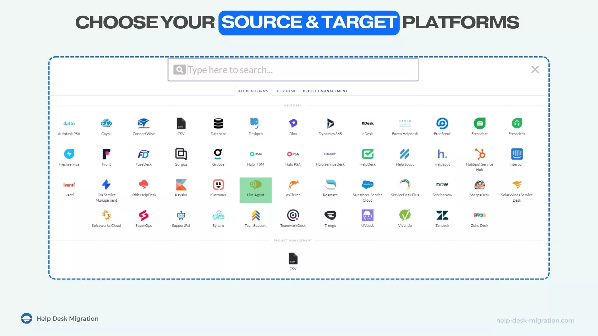 Plateformes prises en charge dans Help Desk Migration