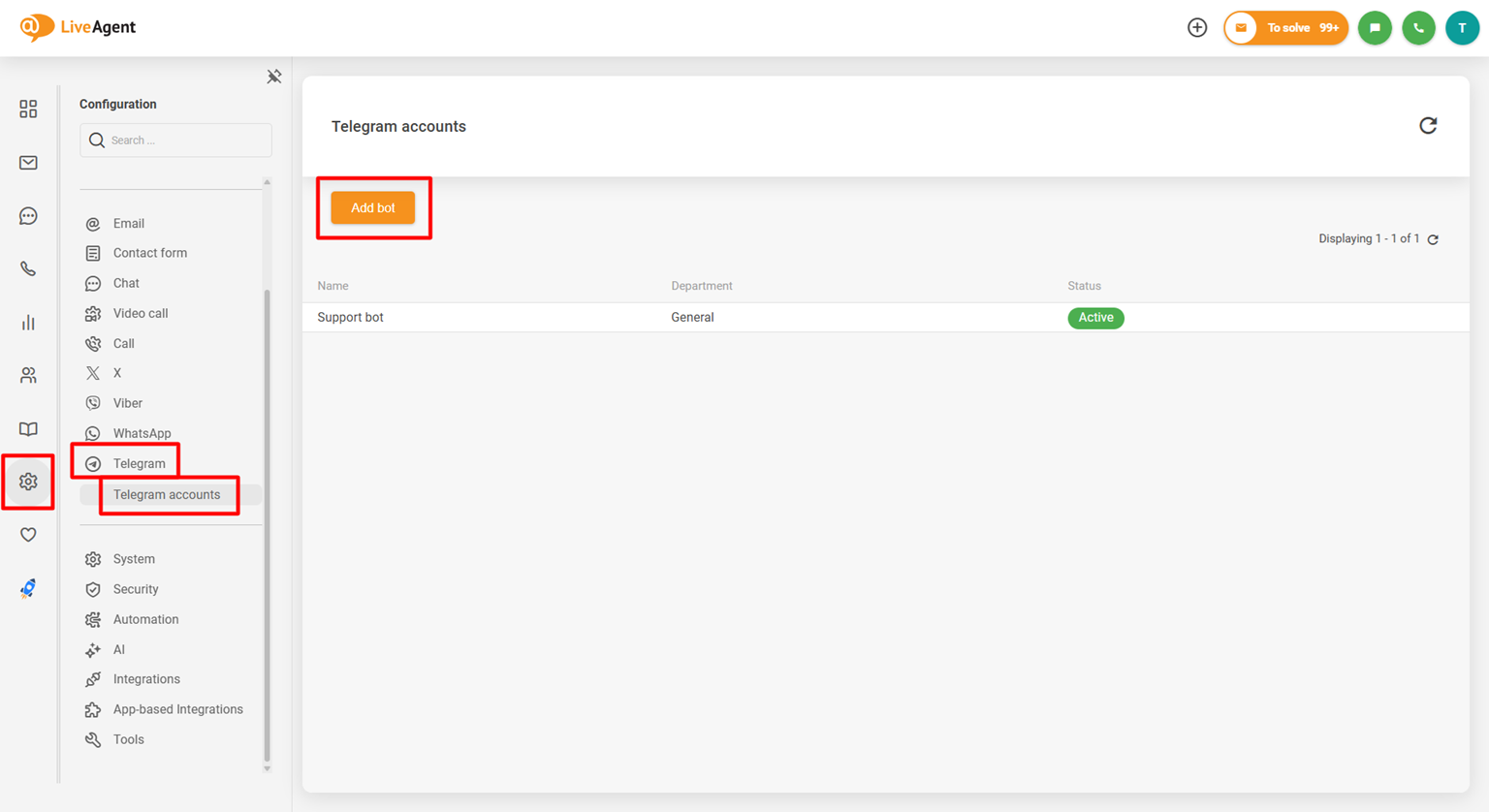 Capture d'écran du panneau de configuration de l'intégration Telegram de LiveAgent montrant le bouton Ajouter un bot
