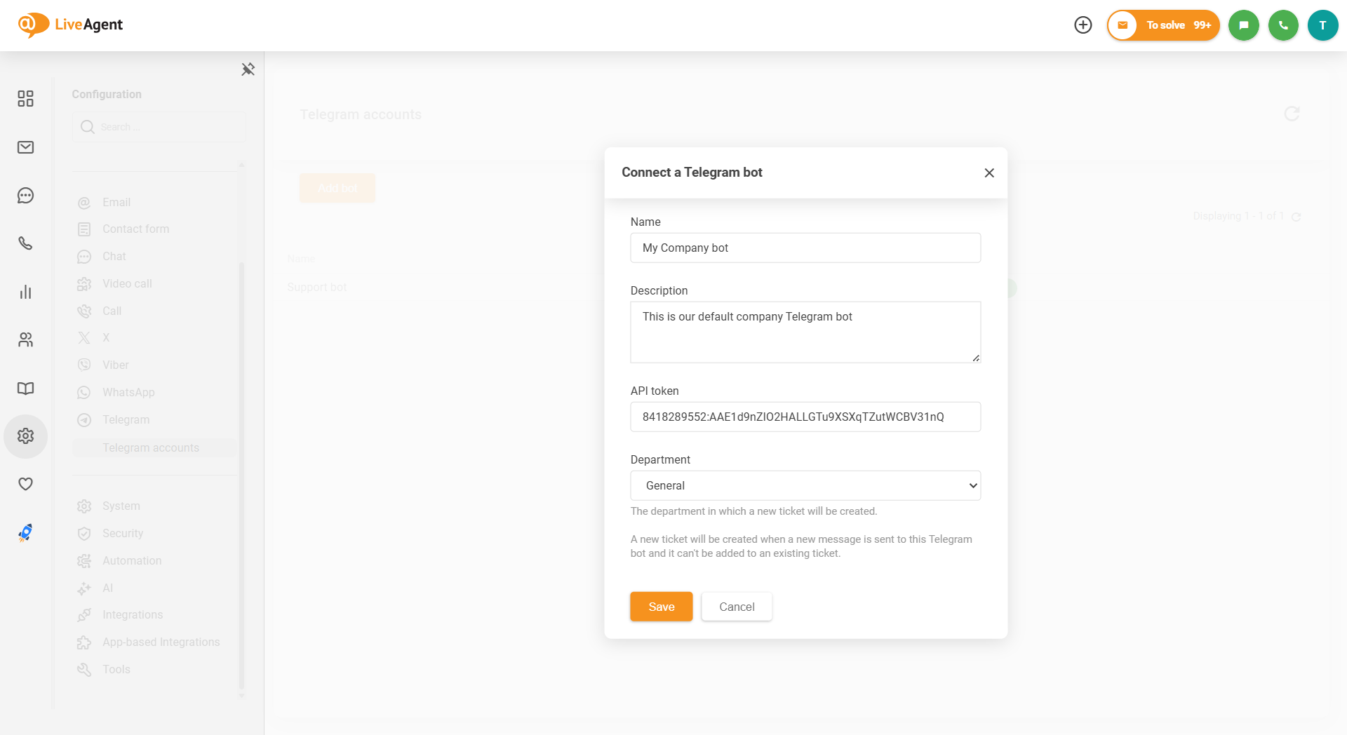Capture d'écran de l'intégration Telegram de LiveAgent montrant comment connecter un bot