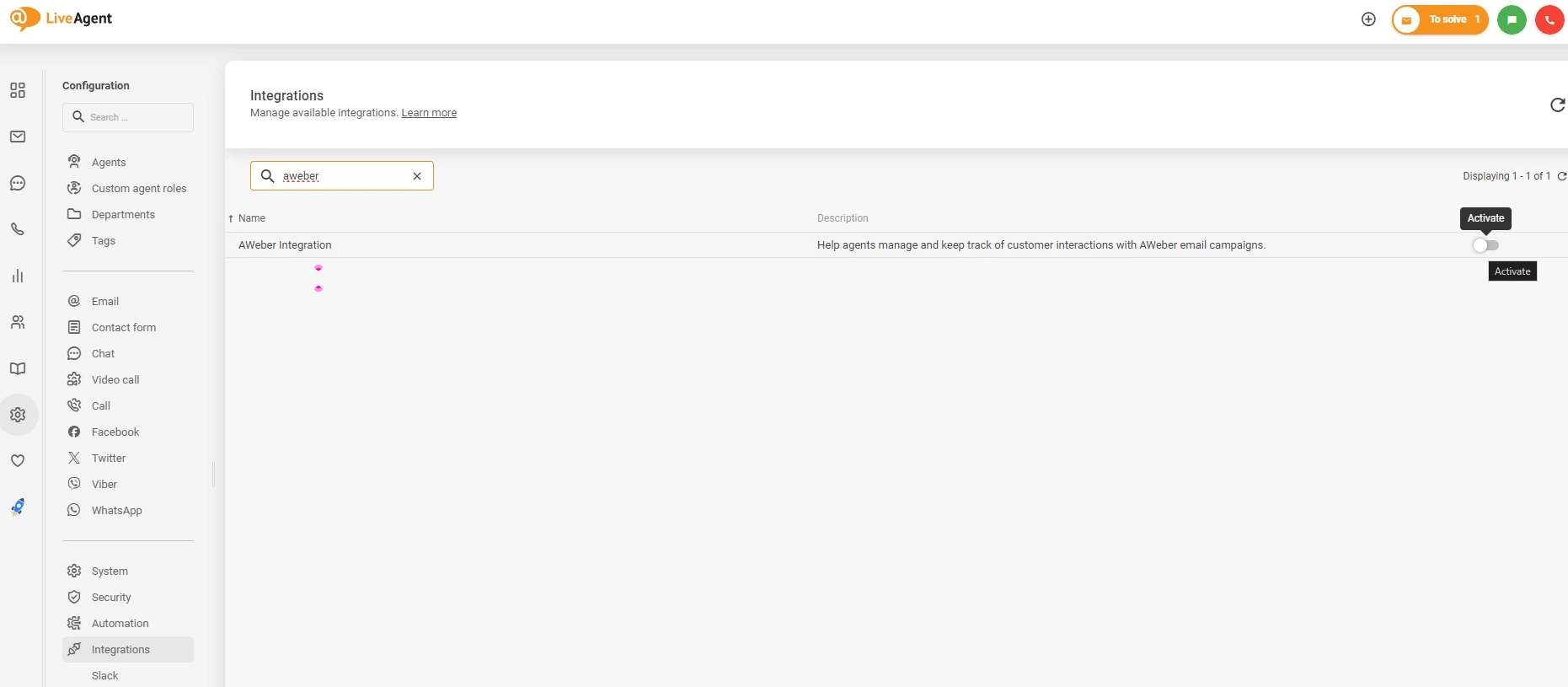 Activer l'intégration AWeber dans LiveAgent