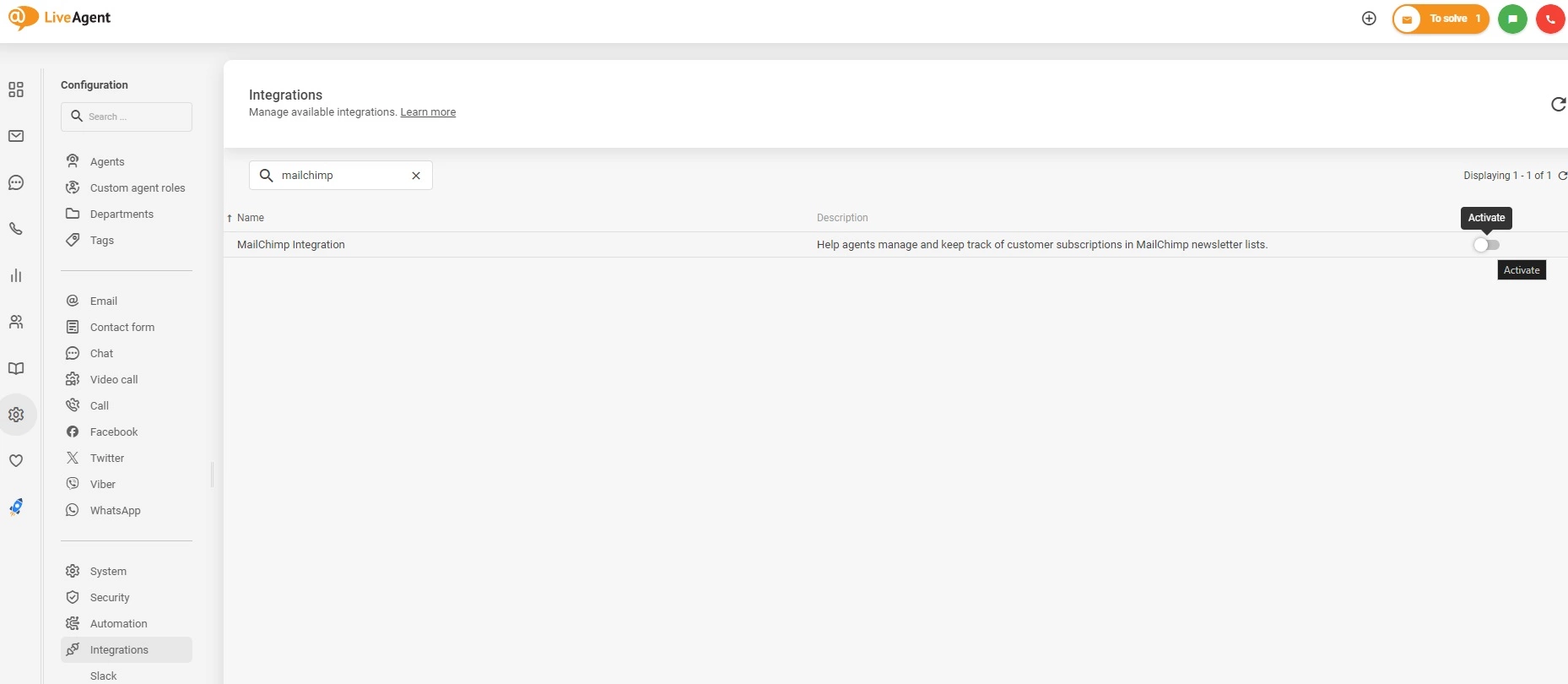Activer l'intégration Mailchimp dans LiveAgent