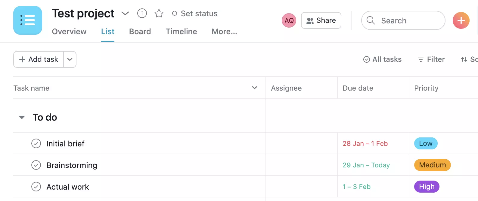 Exemple de projet Asana