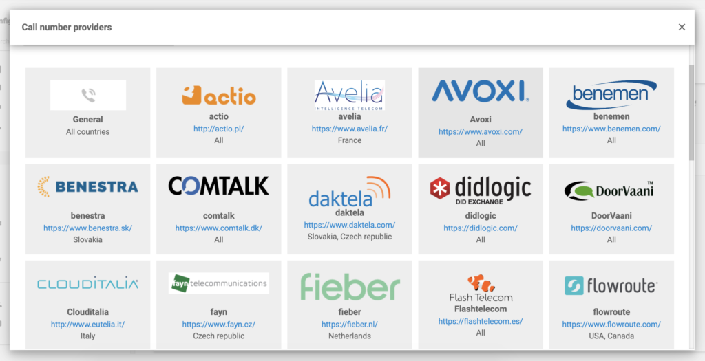 Avoxi dans la liste des fournisseurs VoIP dans la configuration de LiveAgent