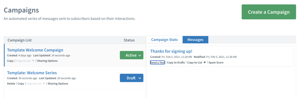Aperçu des campagnes AWeber