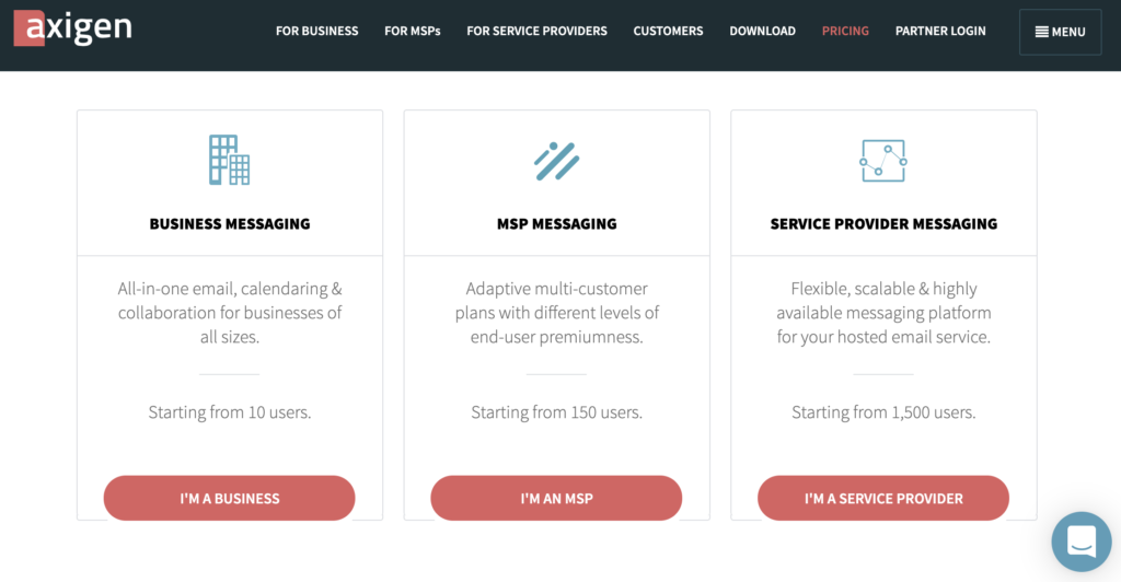 Site web Axigen avec plans tarifaires