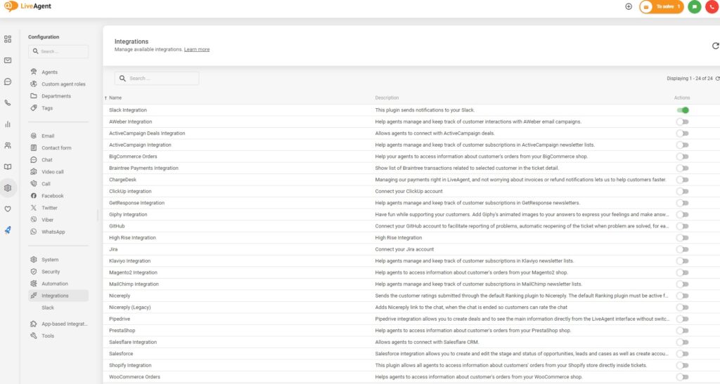 Activer les intégrations dans LiveAgent