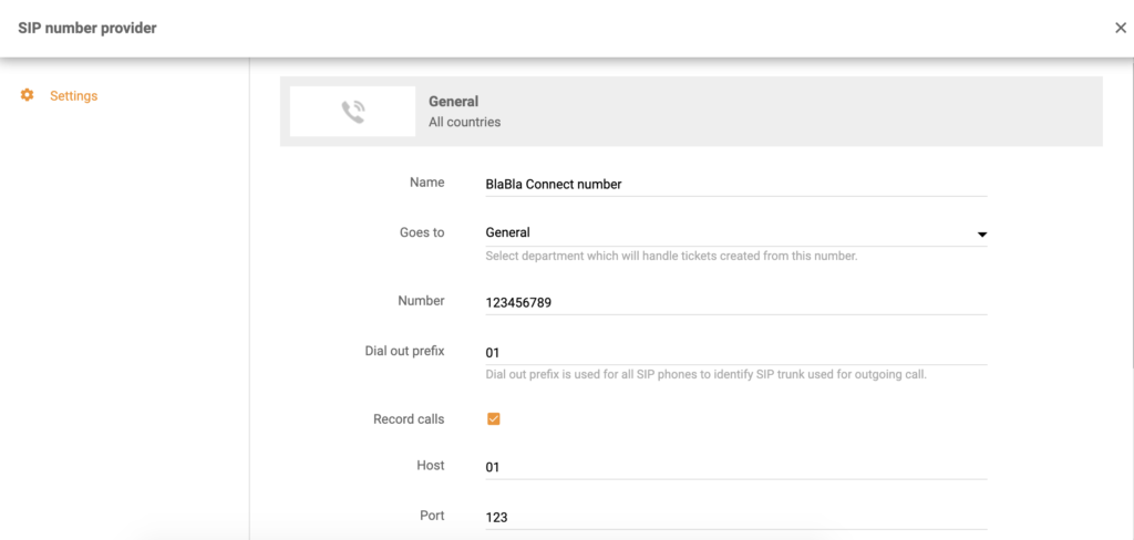 Configuration de l'intégration BlaBla Connect dans la configuration des appels LiveAgent