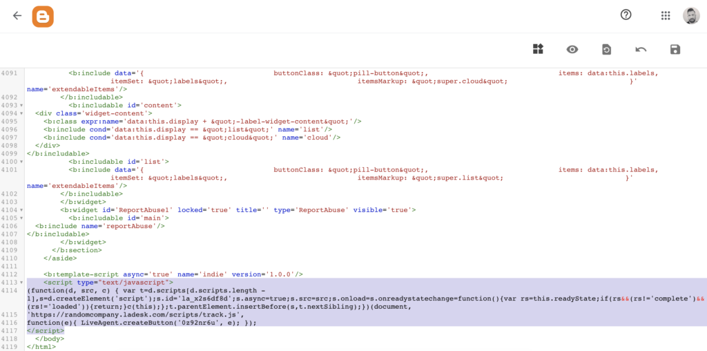 Code Blogger avec code de bouton de chat inséré