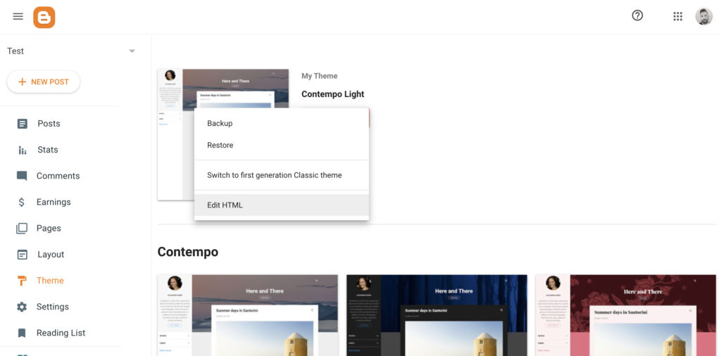 Option Modifier le HTML dans les paramètres du thème Blogger