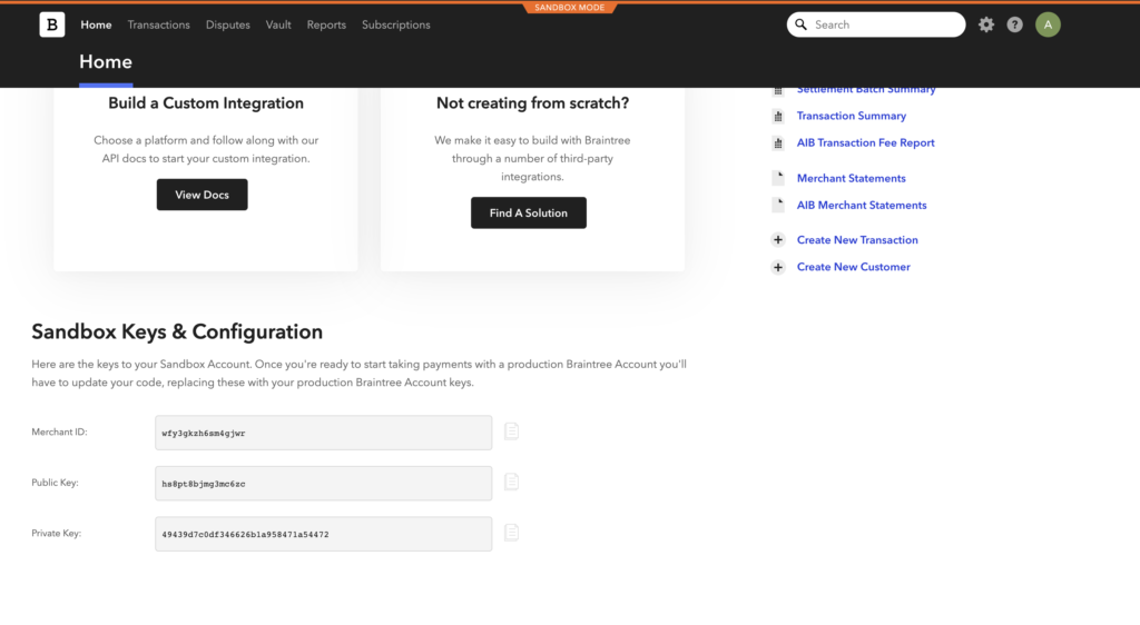 Clés et configuration dans Braintree