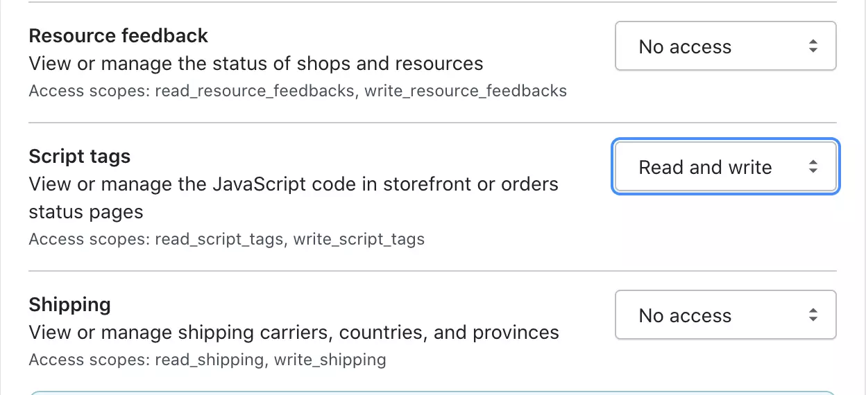 Modifier les autorisations des balises de script en Lire et écrire dans Shopify