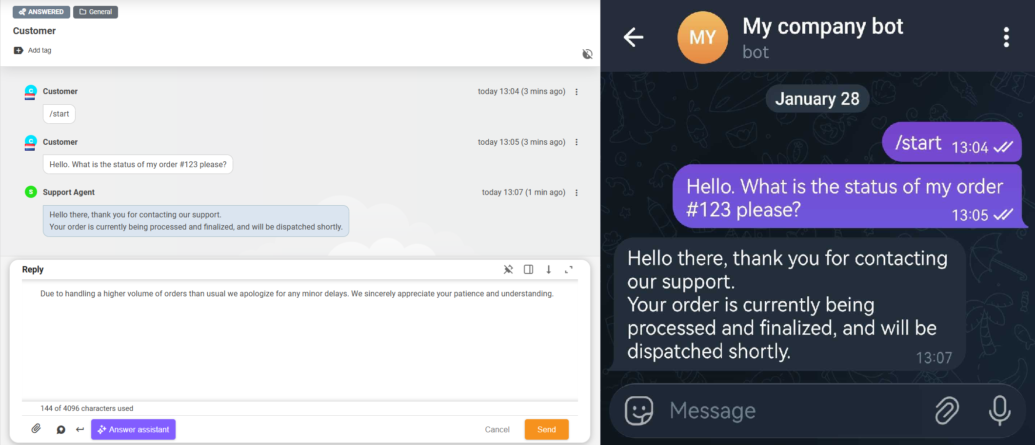 interface du bot Telegram d'entreprise