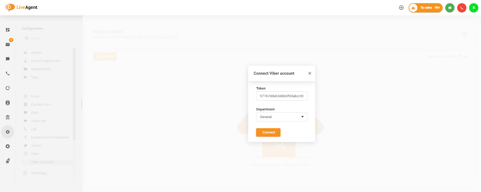 Placement du jeton dans la fenêtre Connecter le compte Viber