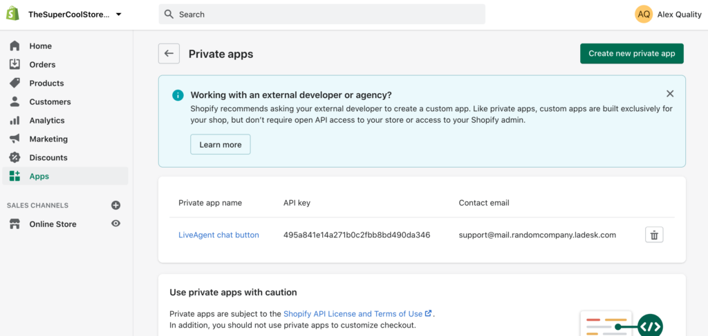 Créer une nouvelle application privée dans Shopify pour créer une intégration avec LiveAgent