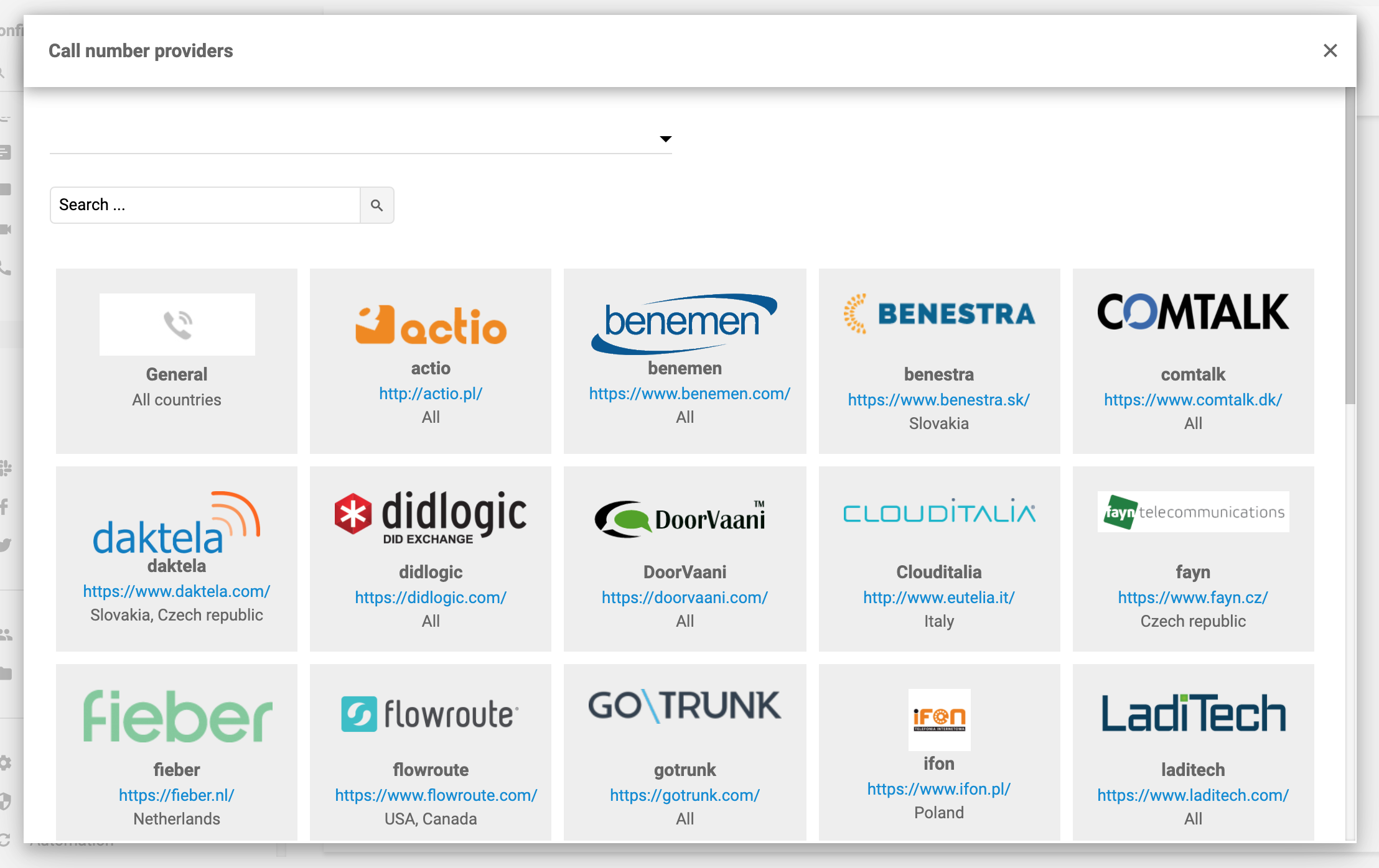 Fournisseurs de numéros d'appel LiveAgent