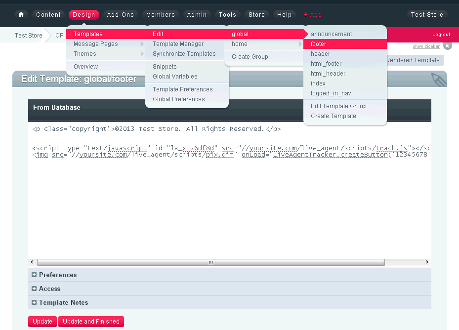 Code du site Web ExpressionEngine avec le code du bouton de chat LiveAgent