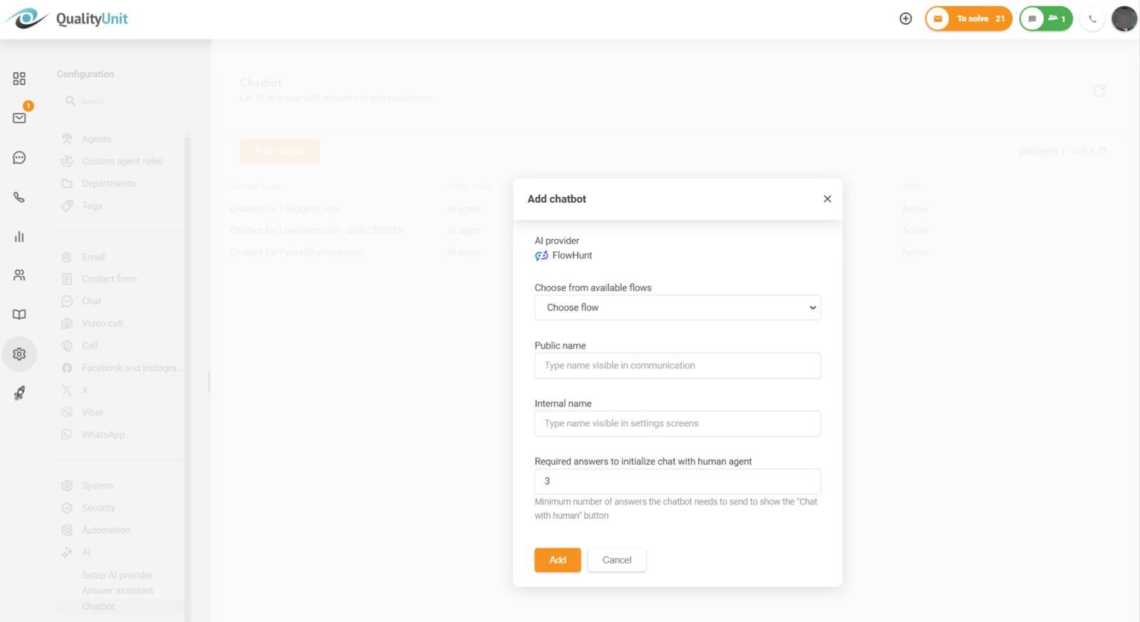 Configuration du nombre minimum de réponses requises avant d'activer l'option de discuter avec un humain
