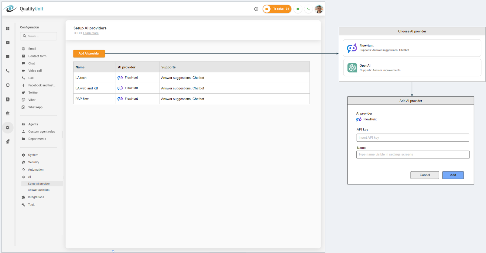 Connexion du fournisseur IA LiveAgent