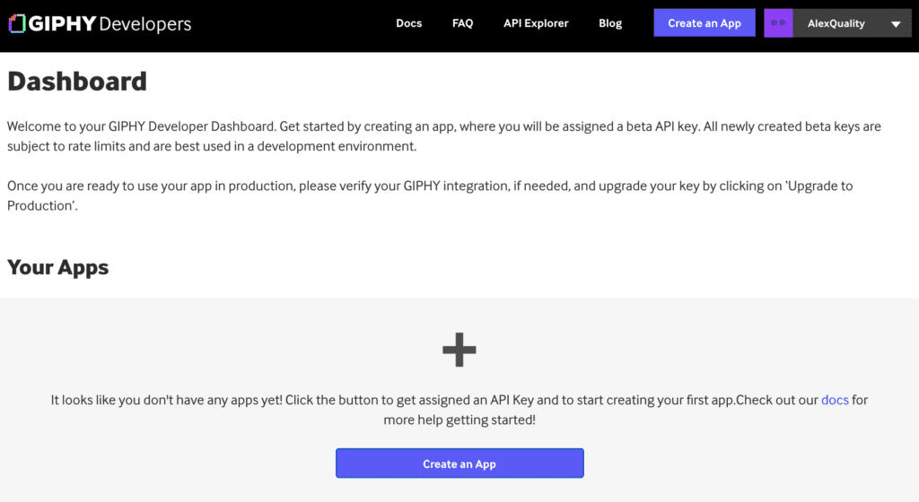 Tableau de bord Giphy avec option de création d'application pour générer une clé API