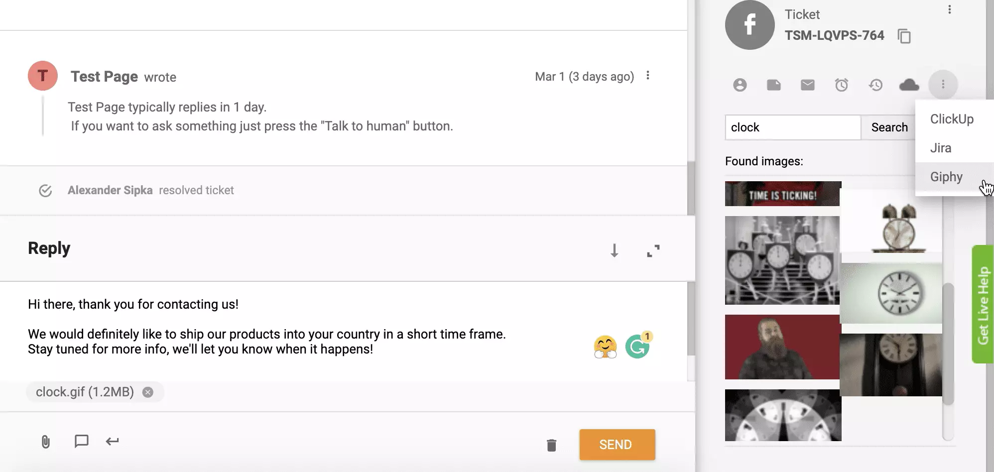 Intégration Giphy activée et fonctionnelle dans le système de ticketing LiveAgent