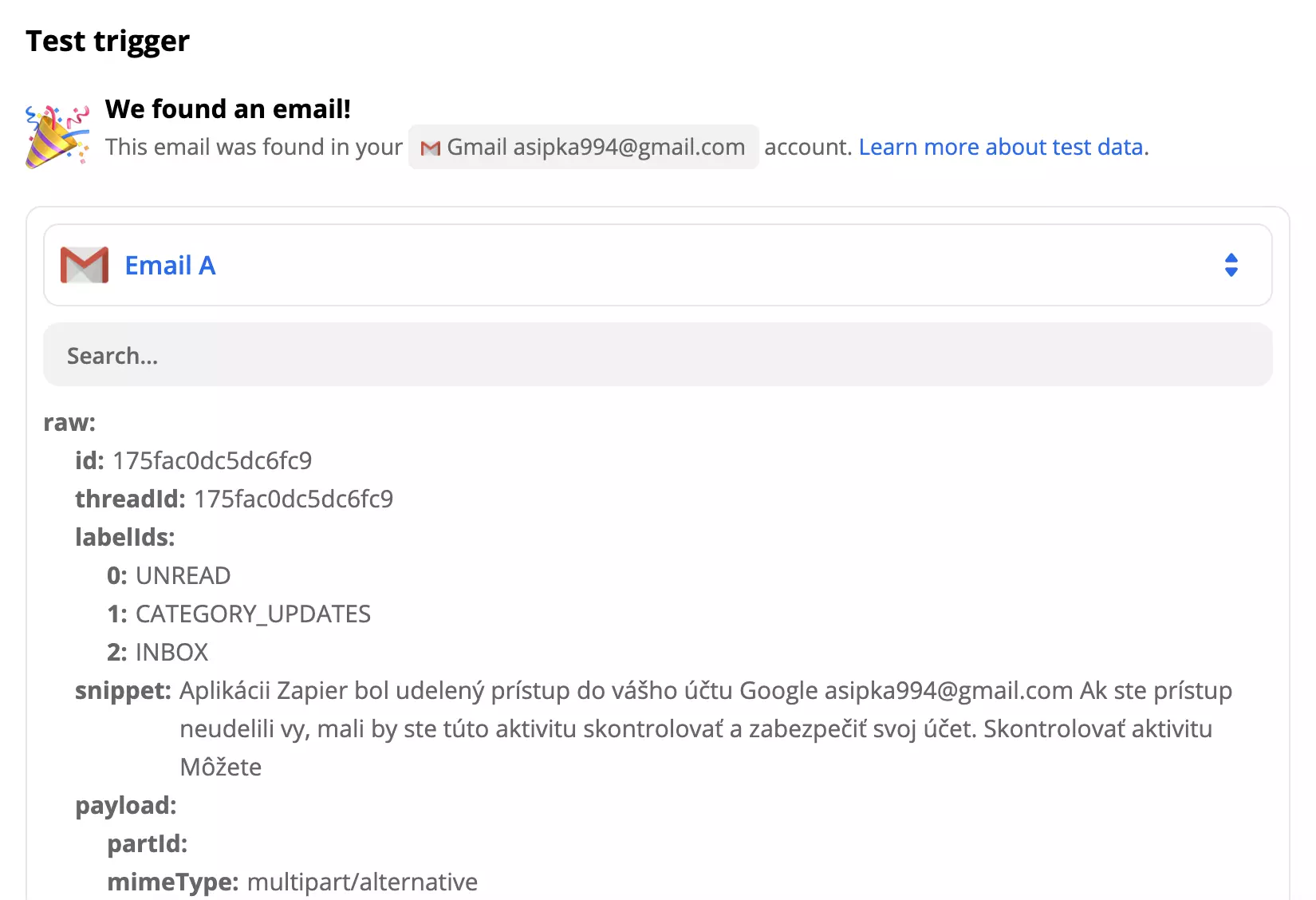 Exemple de test du déclencheur Gmail