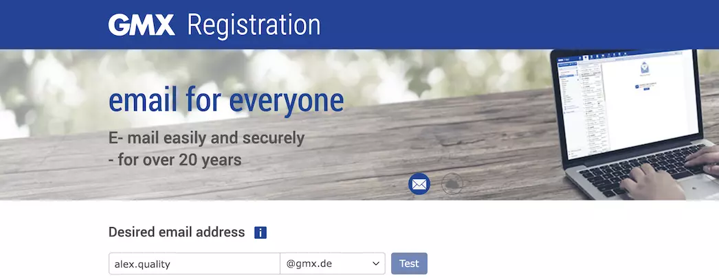 Page d'enregistrement GMX avec champs d'information