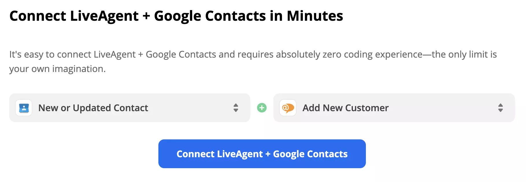 Déclencheur Google Contacts Nouveau ou contact mis à jour et action LiveAgent Ajouter un nouveau client