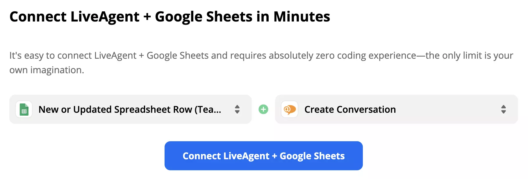 Déclencheur Google Sheets sélectionné et action LiveAgent