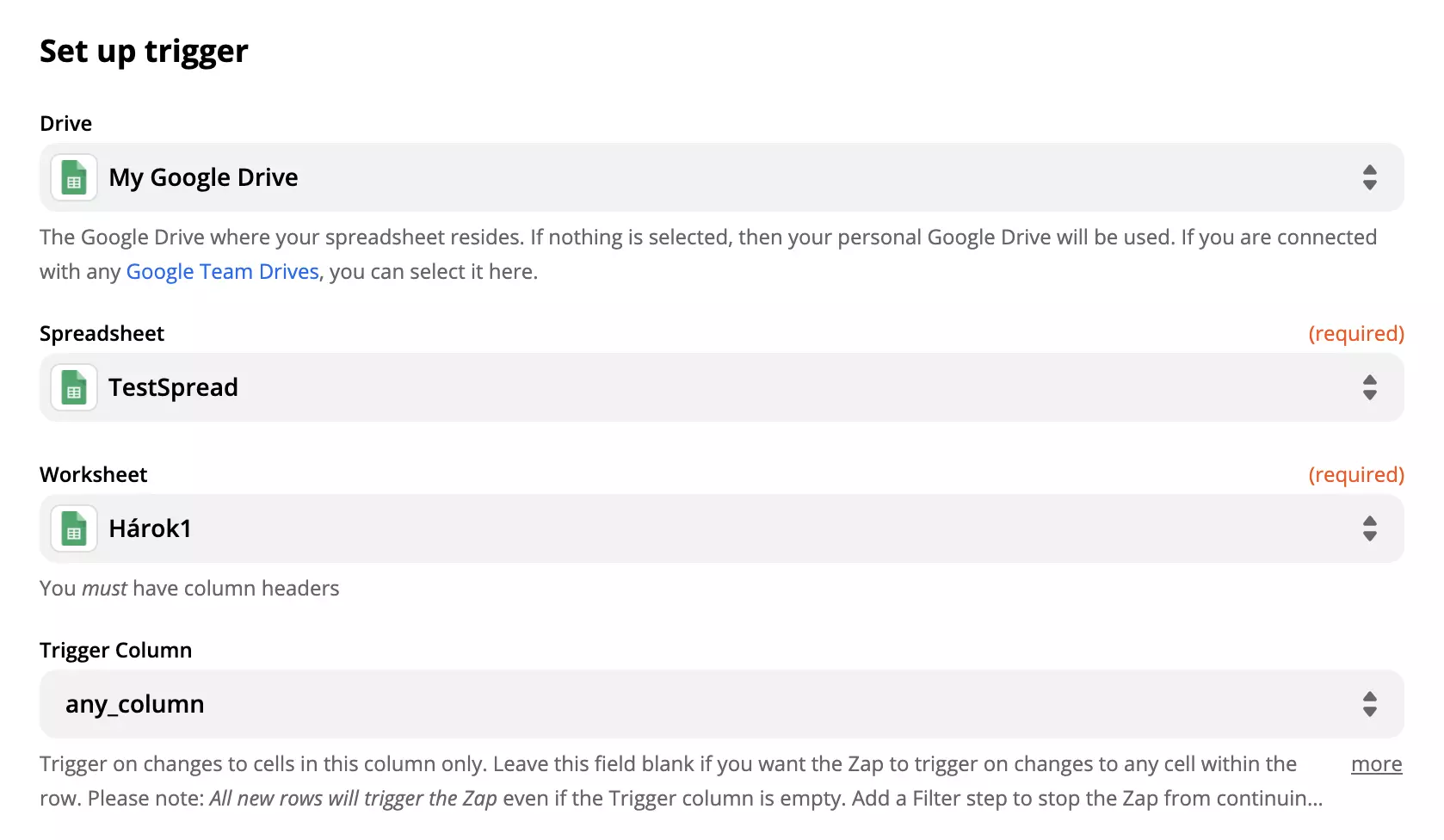 Options et champs de configuration du déclencheur Google Sheets
