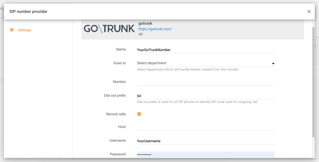 Configuration finale de GoTrunk dans LiveAgent