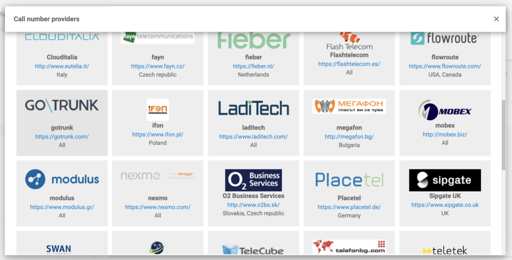 GoTrunk dans la liste des fournisseurs VoIP dans LiveAgent